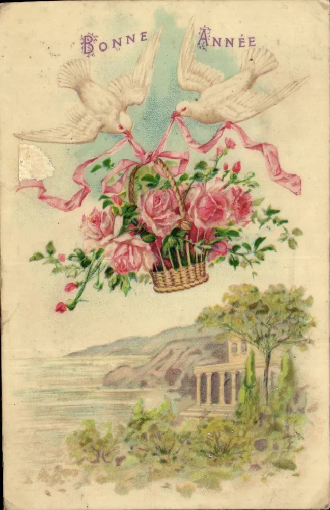 Zwei Tauben mit einem Korb voll Rosen — Frohes Neues Jahr — K.F. Verlag, Paris, Serie 1.955 - Vorderseite