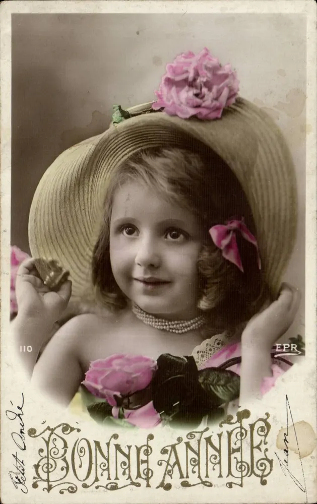 Petite fille en chapeau à rose — Bonne Année — EPR, n°110 - Recto