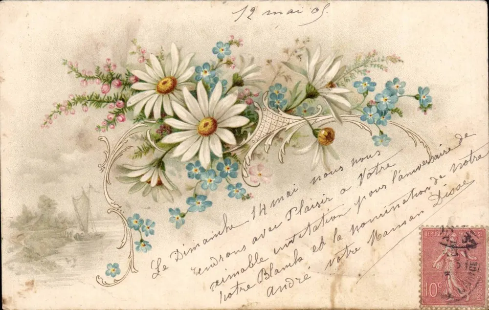 Kwiaty i krajobraz — kartka pocztowa z 1905 — wydawca nie widoczny - Awers