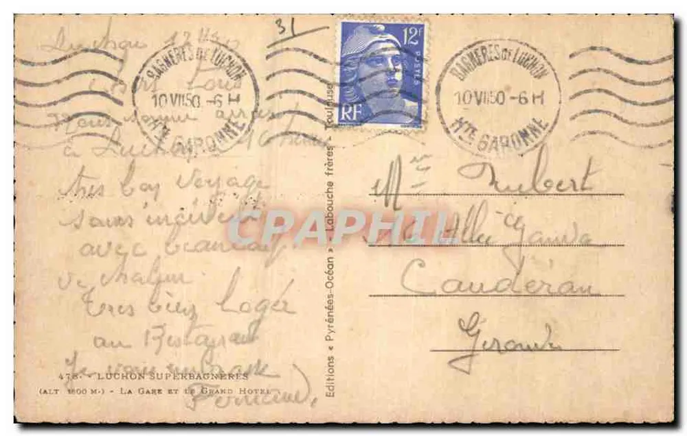 Luchon Superbagnères — Der Bahnhof und das Grand Hotel — Editions Labauche frères - Rückseite