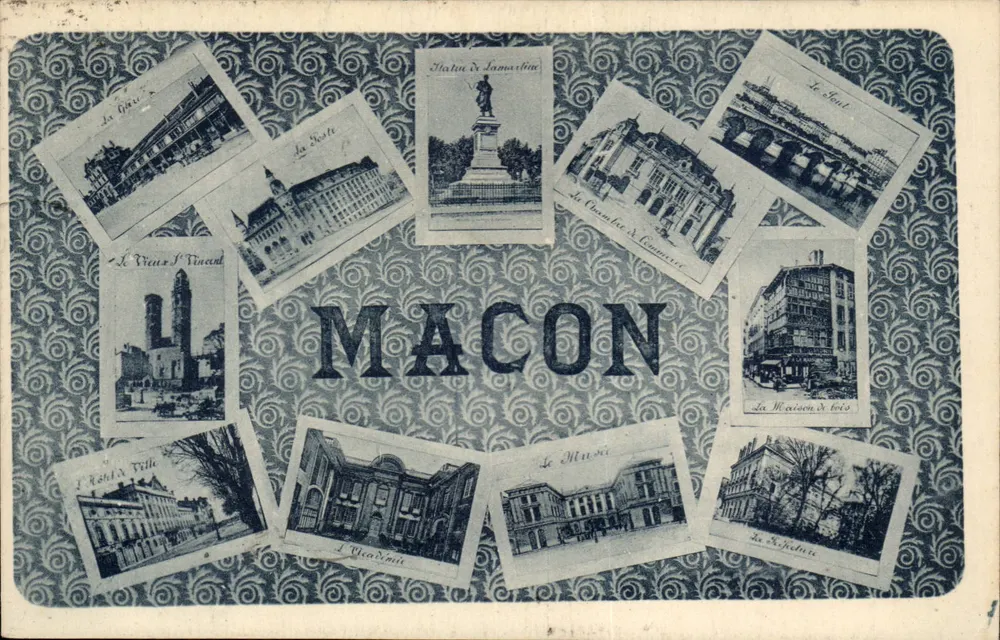 Macon — Vista panorâmica com oito vignettes mostrando os principais monumentos — Editor não identificado - Frente