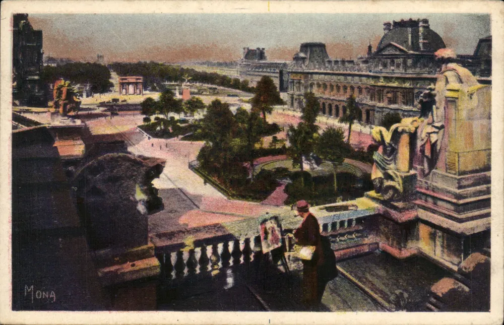 Ansicht der Louvre-Gärten und der Tuileries — Arc de Triomphe du Carrousel und Arc de Triomphe de l'Étoile — Verlag Mona, Nr. 2059 - Vorderseite