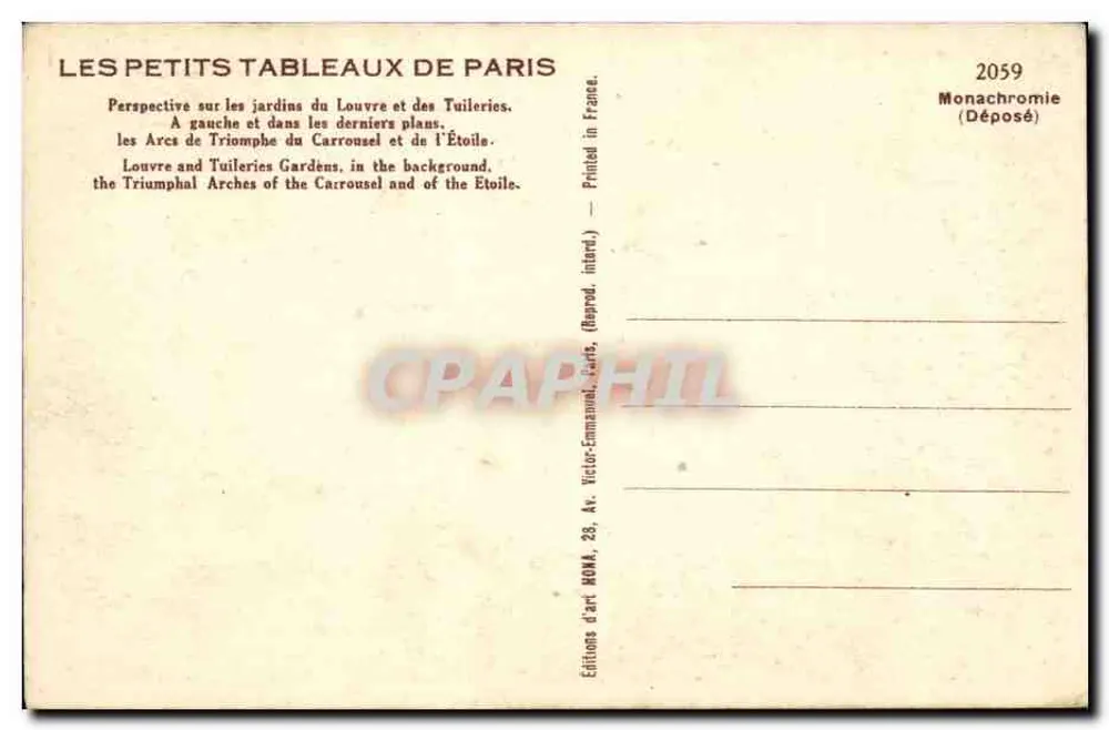 Ansicht der Louvre-Gärten und der Tuileries — Arc de Triomphe du Carrousel und Arc de Triomphe de l'Étoile — Verlag Mona, Nr. 2059 - Rückseite