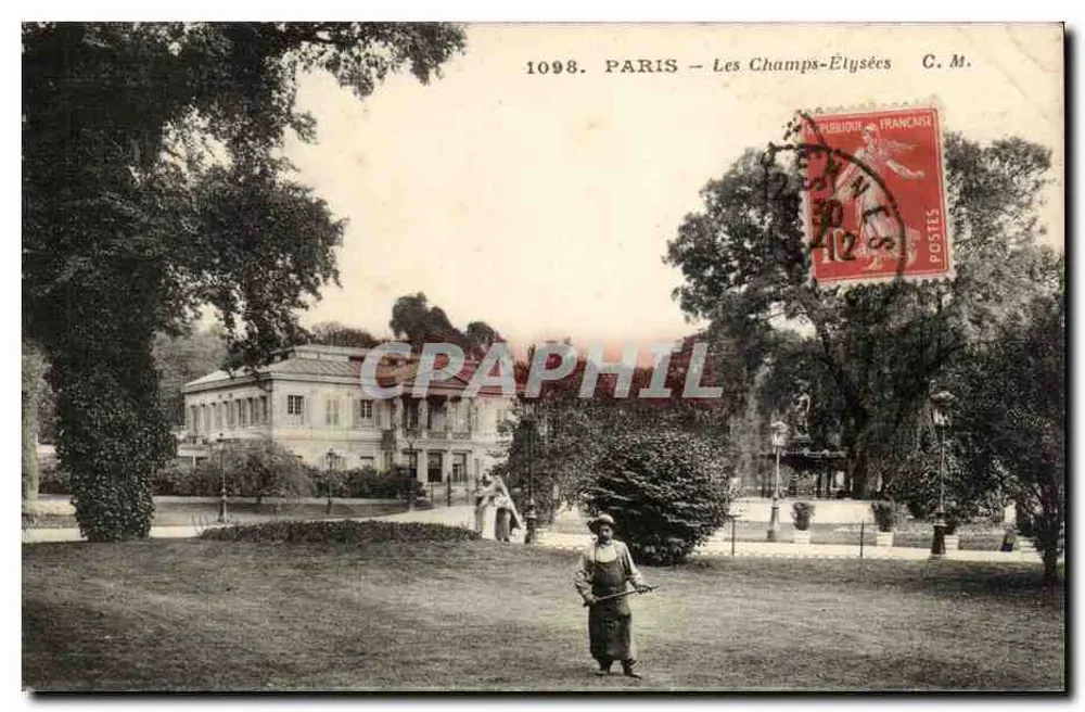 Paryż - Les Champs-Élysées — widok ogrodu z mężczyzną na pierwszym planie — C. M. n°1098 - Awers