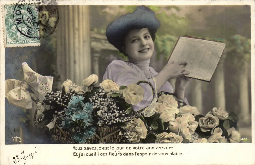 Frau mit Blumenstrauß — Geburtstag — A. D. S. n° 408 - Vorderseite