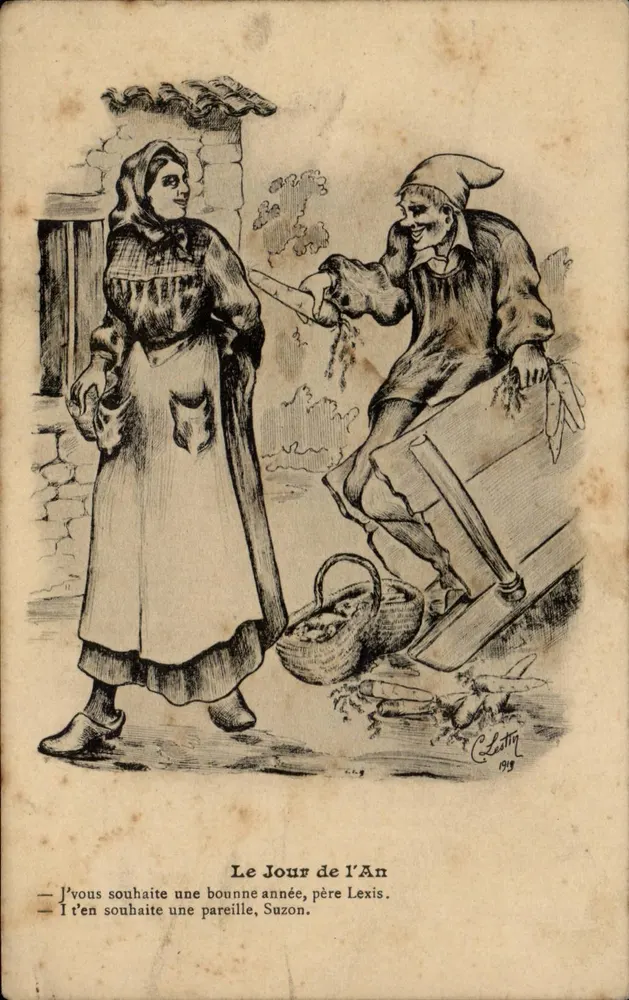 Neujahrstag — Karikatur von Vater Lexis und Suzon — C. Lattin, 1919 - Vorderseite