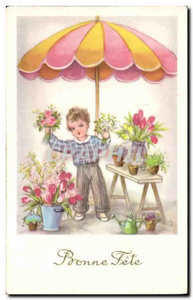 Kind mit farbigem Regenschirm — Blumen und Tulpen — Frohe Geburtstagskarte - Vorderseite