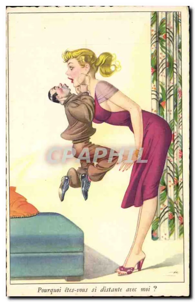 Femme en robe violette tenant un homme en l'air — Série N° 535 — M.D. Paris - Recto