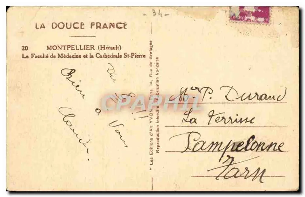 Montpellier — Die Medizinische Fakultät und die Kathedrale Saint-Pierre — Éditions d'Art Yvon, Nr. 20 - Rückseite
