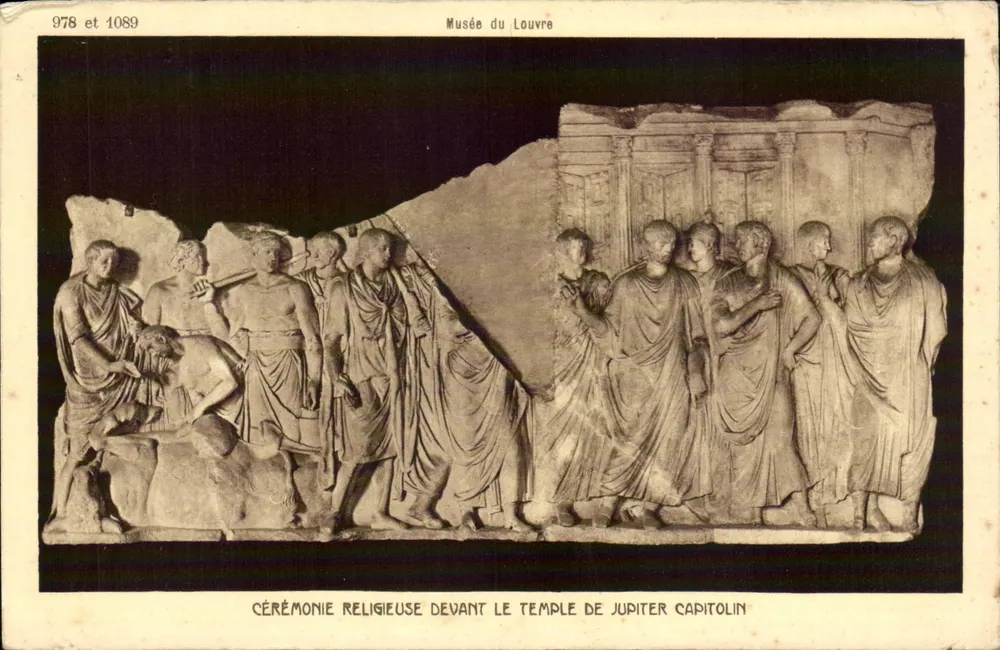 Ceremonia religiosa frente al templo de Júpiter Capitolino — Museo del Louvre — Braun & Cie, París, n° 978 y 1089 - Anverso