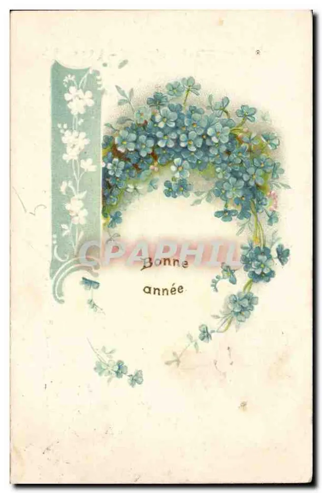 Bonne année — couronne de fleurs bleues — éditeur non identifié - Recto