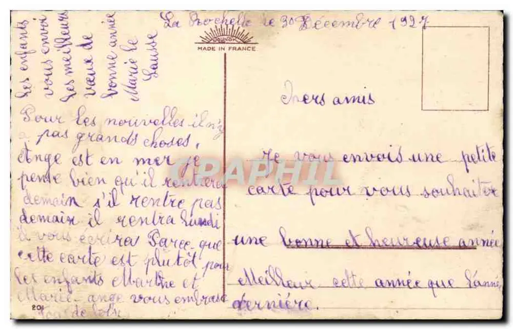 Kind mit Katze im Korb — Frohe Neujahr — Verlag Brunot, Frankreich - Rückseite