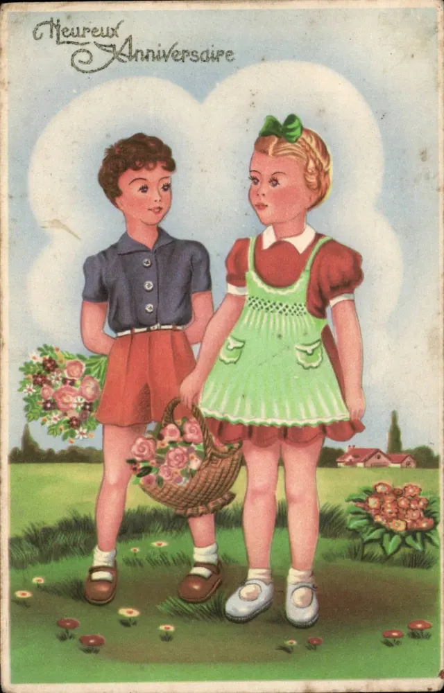 Zwei Kinder mit Blumenkörben — 'Neureux Anniversaire' — unbekannter Verlag - Vorderseite