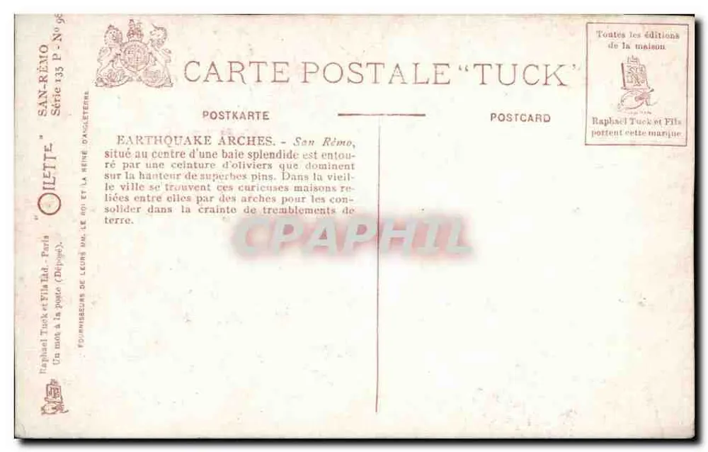 San Rémo — Bögen und Olivenbäume — Tuck & Fils, Paris - Rückseite