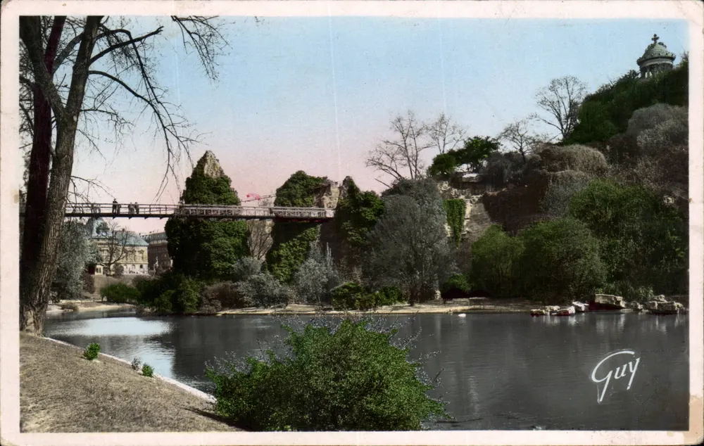 Jardins das Buttes-Chaumont — O lago, o ponte suspensa e o belvedere — Guy - Frente
