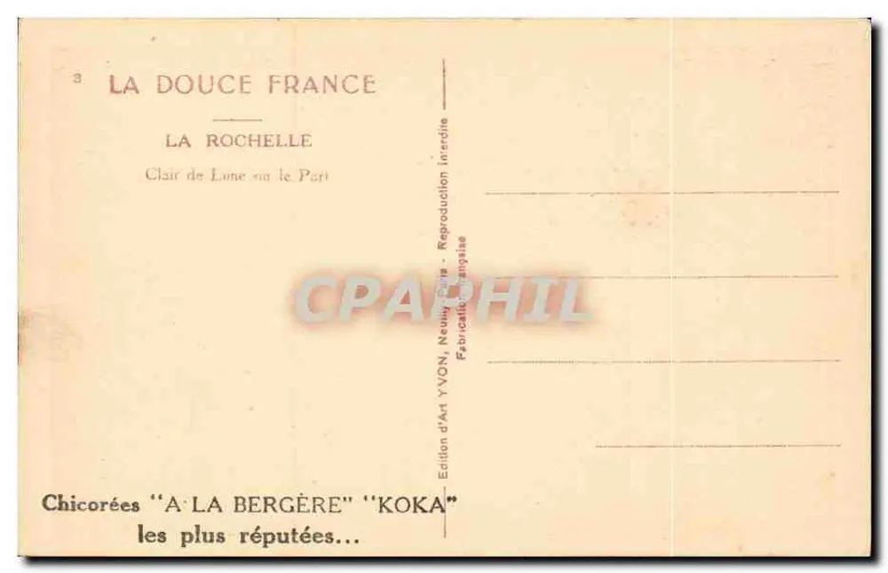 La Rochelle — Clarão da Lua sobre o Porto — Edição d'Art YVON, Paris - Verso