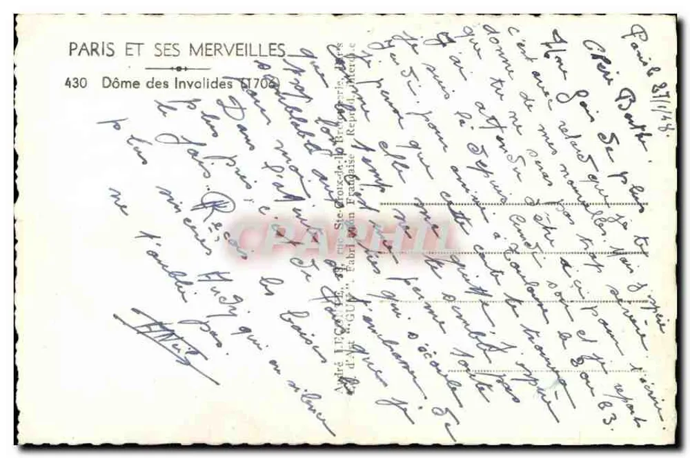 Dôme dos Invalidos — Paris — editor Guy, n° 430 - Verso