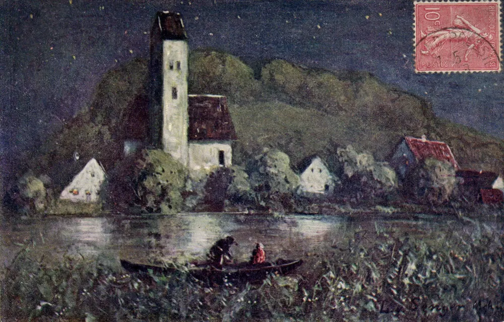 Vista noturna de Saint-Évroult — editor não identificado — selo de 10c República Francesa - Frente