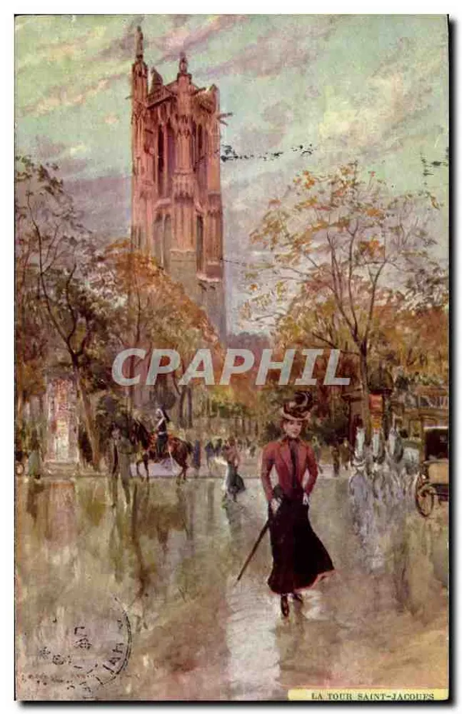 Torre Saint-Jacques — vista pitoresca com mulher em traje da época — editor desconhecido, número de série não visível - Frente