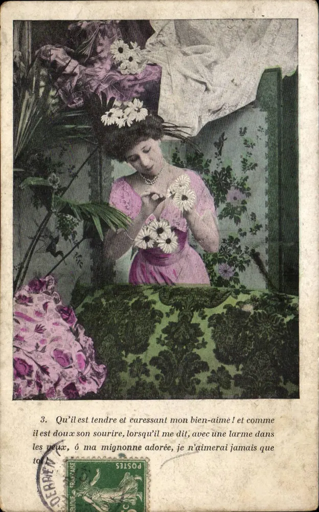 Frau in einem rosa Kleid mit Margeriten — poetischer Text — Verlag Derret, Nr. 3 - Vorderseite