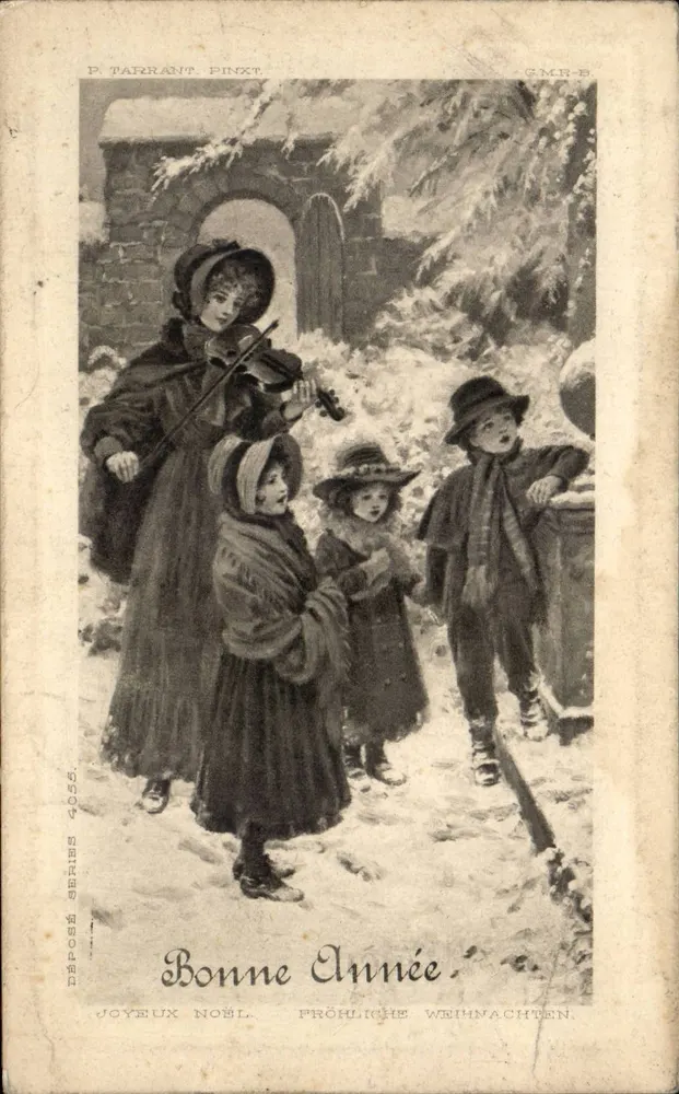 Schneeflockenkindern — WeihnachtsSzene — P. TARRANT, Serie 4055, G.M.R.-B. - Vorderseite