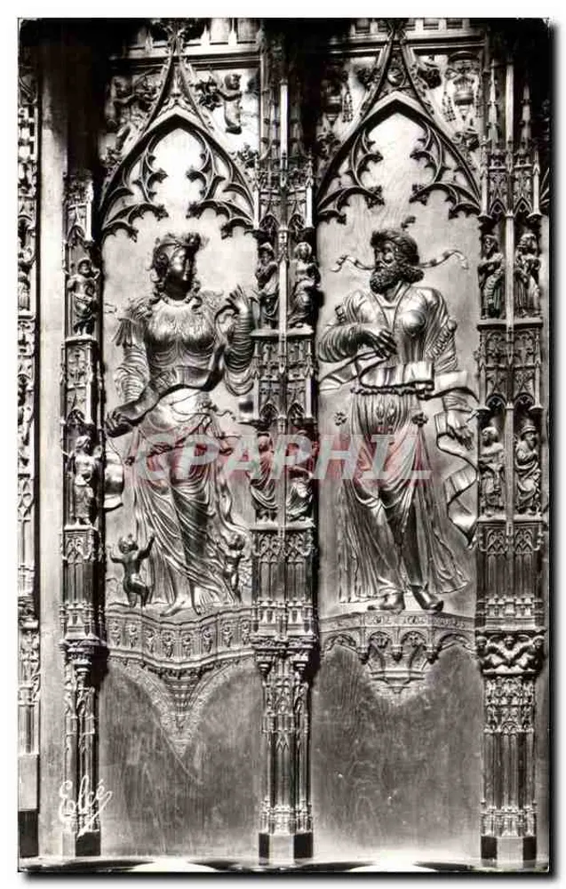 Auch (Gers) - Die Kathedrale - Details der Bänke: Die Caritas und der Seher - Vorderseite