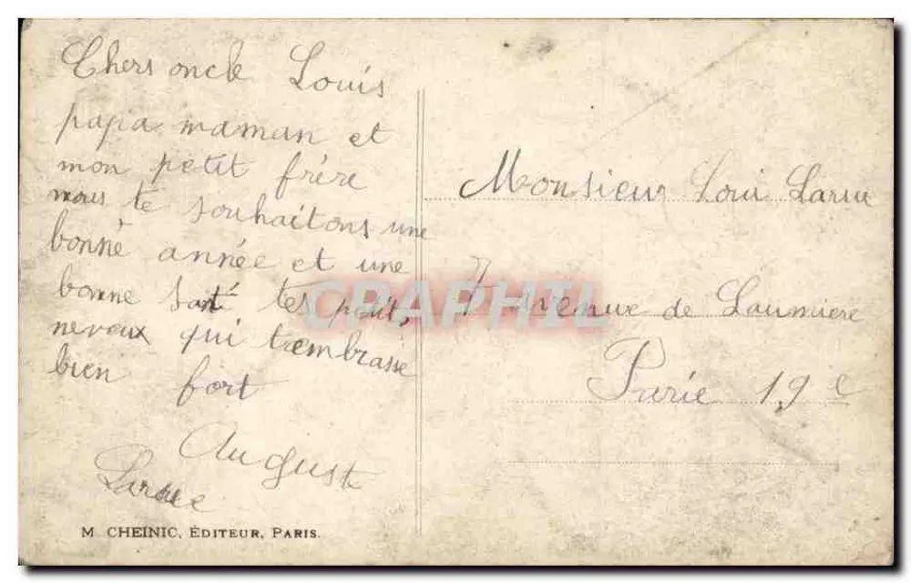 Zwei Kinder vor einem schneegestrauchten Fenster — Frohe Neujahr 1915 — M. Cheinic, Verlag, Paris - Rückseite