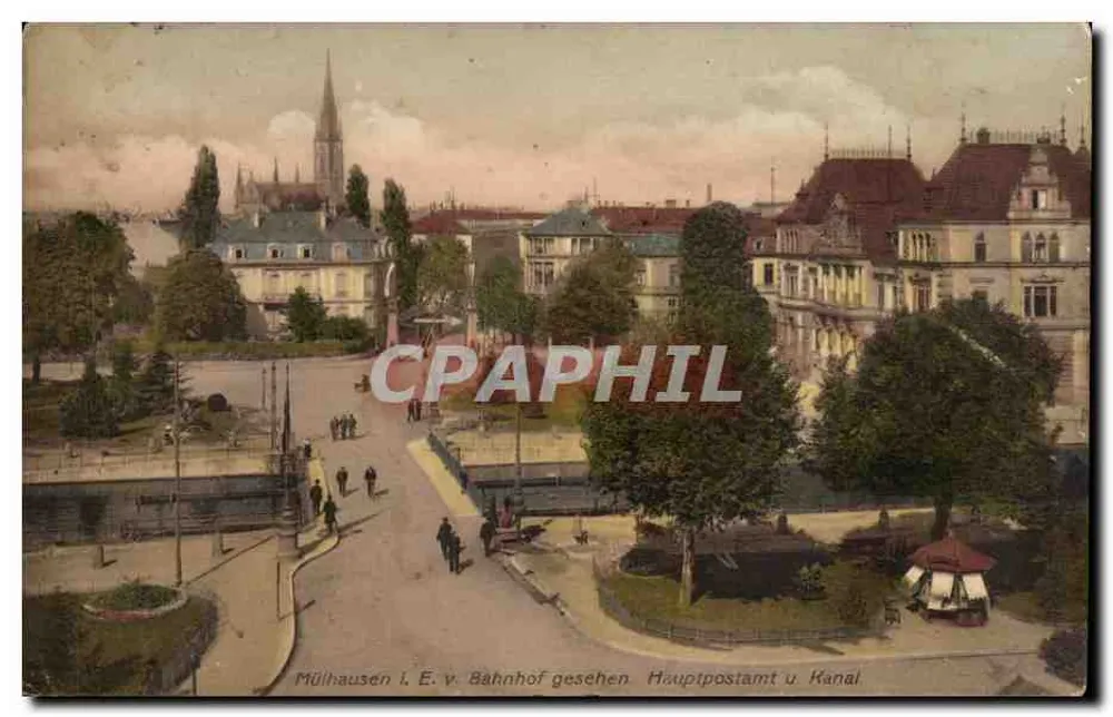 Mülhausen i. E. — Ansicht des Zuges, des Postamts und des Kanals — unbekannter Verleger - Vorderseite