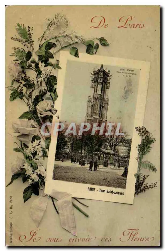 Paris - Torre Saint-Jacques — decoração floral — editor E. L. D. n° 200 - Frente