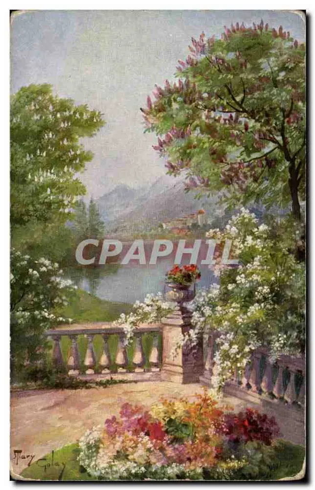 Vista de jardim com lago e montanhas — pintura de Mary Golay — Série 8077 - Frente