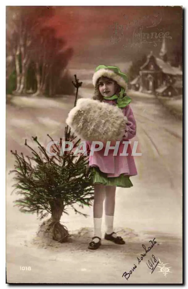 Mädchen in Weihnachtskleidung mit Tannenbaum — Verlag 'Bonne Année' Nr. 1018 - Vorderseite