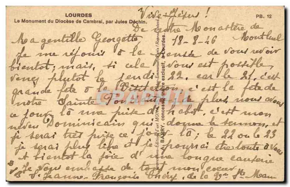 Monument des Bistums Cambrai — Lourdes — Verlag Mona, Nr. PB. 12 - Rückseite