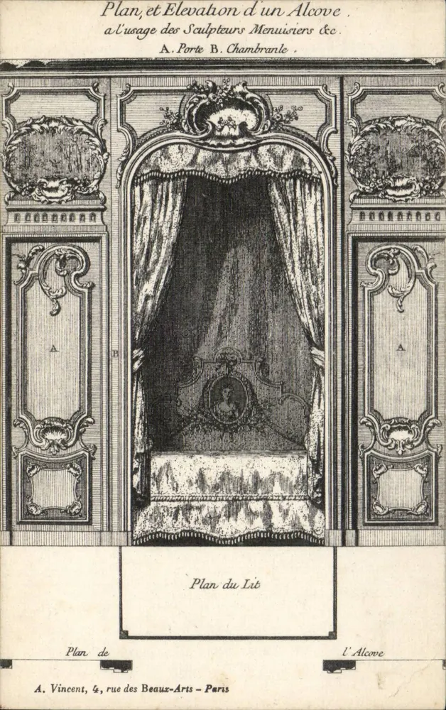 Alcova e letto — Piano e prospetto per carpentieri e scultori — A. Vincent, 4, rue des Beaux-Arts, Paris - Recto