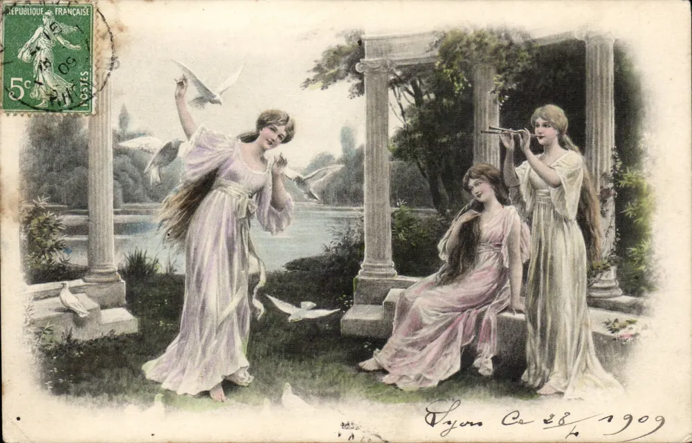 Drei junge Frauen in einem antiken Garten — Verlag K.G. & Cie, Serie-Nummer 113 - Vorderseite