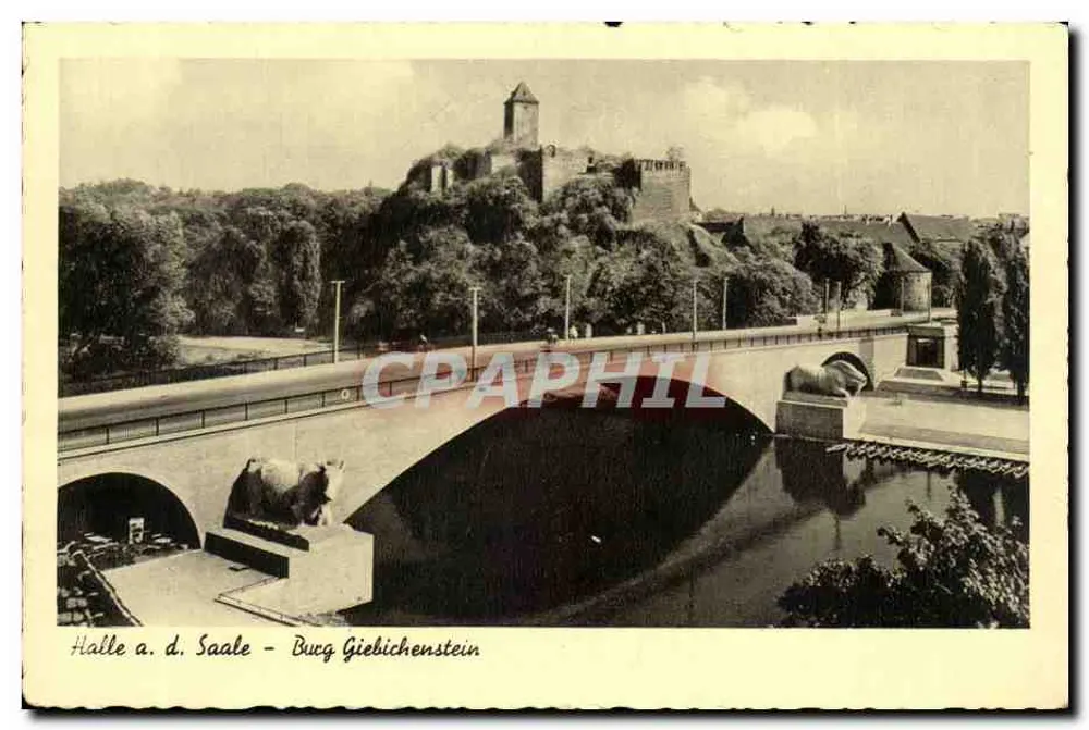 Halle a. d. Saale - Castelo de Giebichenstein — vista com ponte e estátuas - Frente