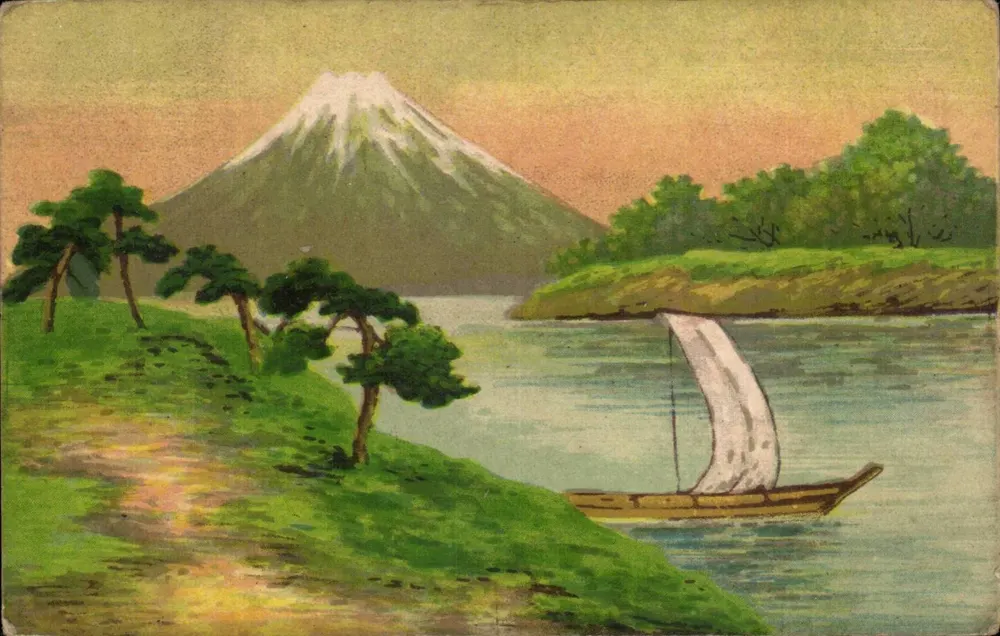 मंतो फुजी — झील के दृश्य जहां एक जहाज नाव है — एडिटर अज्ञात, श्रृंखला संख्या अदृश्य - आगे