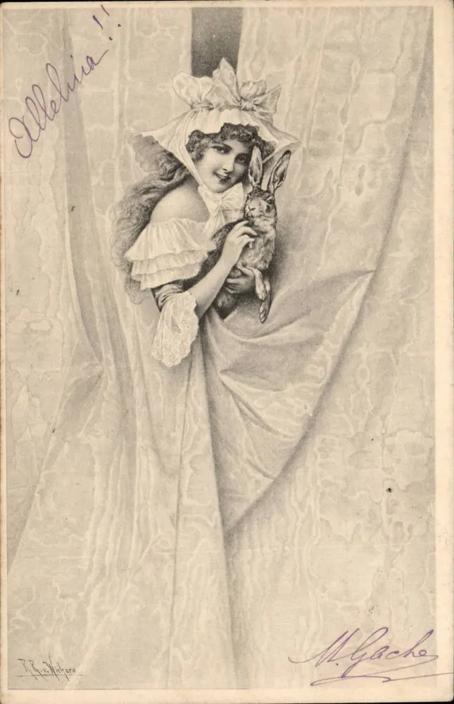 Junge Frau in einem Rüschenkleid mit einem Kaninchen — M. Gache, Verlag, Nr. 138 - Vorderseite
