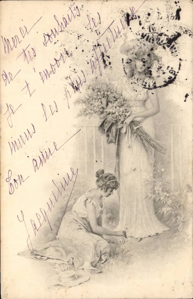 Frau, die stehend einem knienden Frauen einen Blumenstrauß überreicht — M. M. Vienne, Nr. 82 - Vorderseite