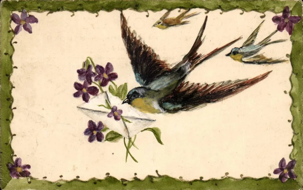 Pássaros e flores — pássaro carregando uma carta — editor não visível - Frente