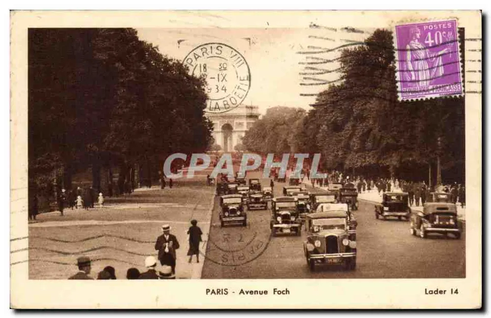 PARYŻ - Aleja Foch — widok na Arc de Triomphe — wydawca Lader 14 - Awers