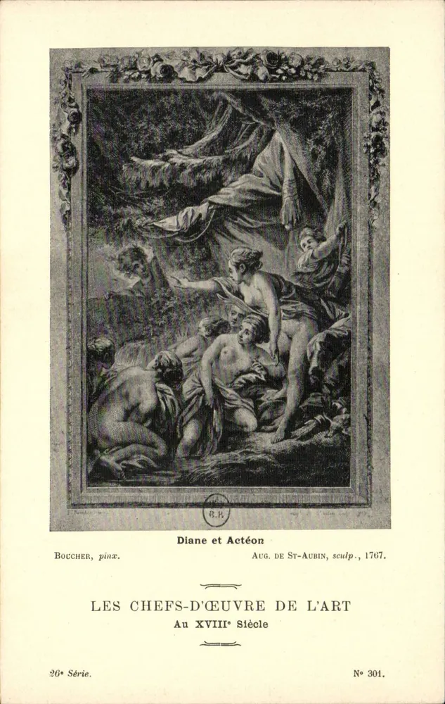 Diane und Actäon — Gravur von Boccher, Malerei von Aug. de St-Aubin, 1767 — Serie 26, Nr. 301, 'Meisterwerke der Kunst im 18. Jahrhundert' - Vorderseite