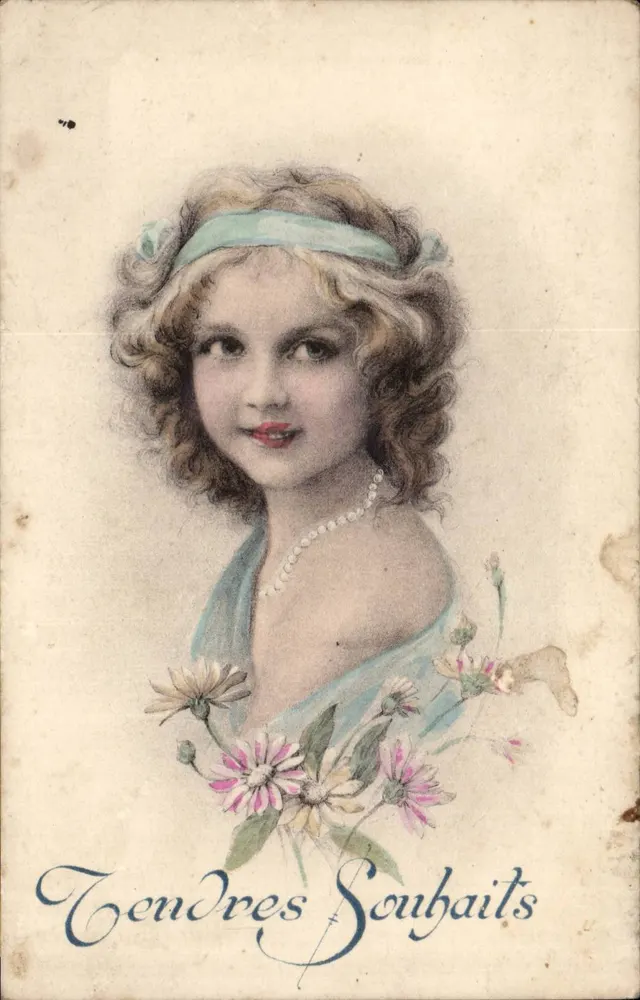 Junge Mädchen mit Blumen — Tendres Souhaits — Em. Brocherloux, Paris - Serie Nr. 40 - Vorderseite