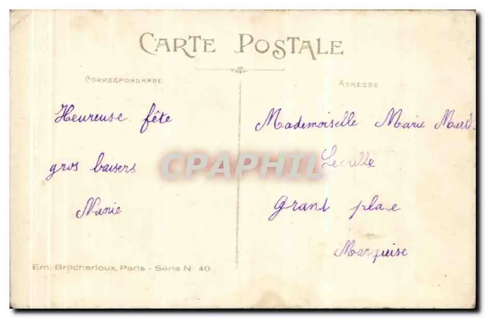 Junge Mädchen mit Blumen — Tendres Souhaits — Em. Brocherloux, Paris - Serie Nr. 40 - Rückseite
