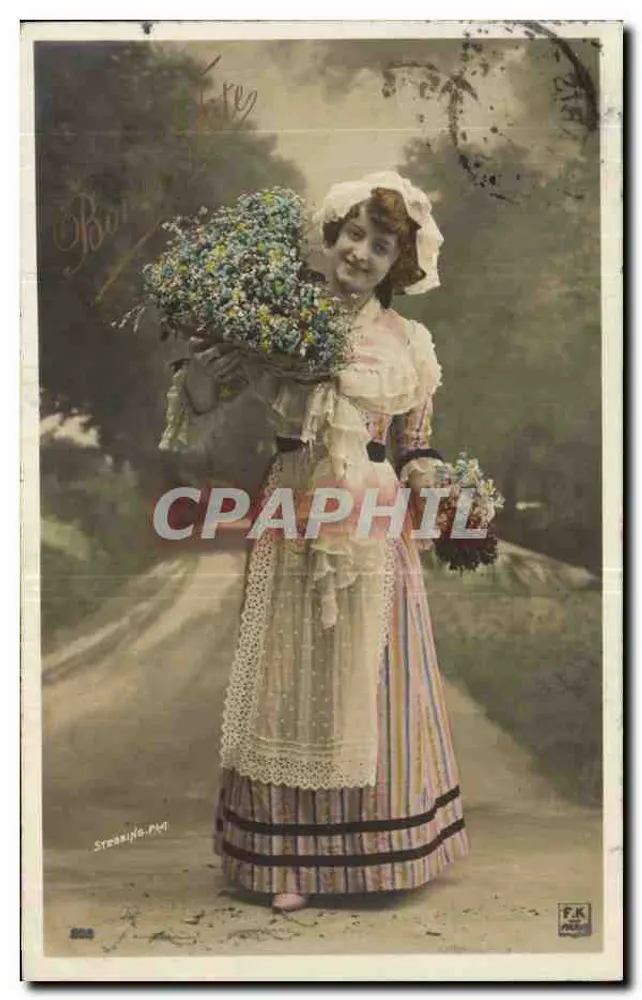 Junge Frau in gestreifter Kleidung mit Blumenstrauß — F.K. — Serie 806 - Vorderseite
