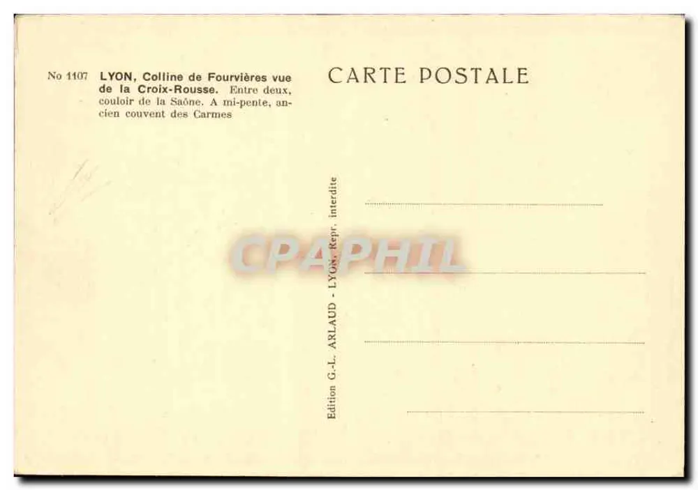 Lyon, Colline de Fourvières aus der Croix-Rousse gesehen — ehemaliges Carmelitenkloster — Ausgabe G.-L. ARLAUD - Rückseite
