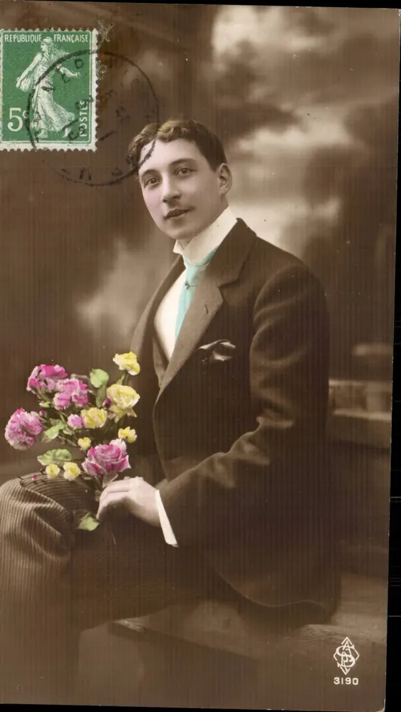 Porträt eines jungen Mannes — mit Rosenstrauß — Verleger A.P. Nr. 3190 - Vorderseite