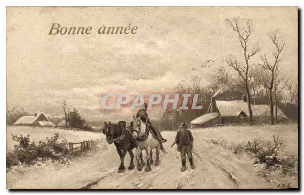 Winterlandschaft mit Zweisitzkutsche — Frohe Weihnachten — Rembrandt-Gravure Nr. 5079, gedruckt in England - Vorderseite