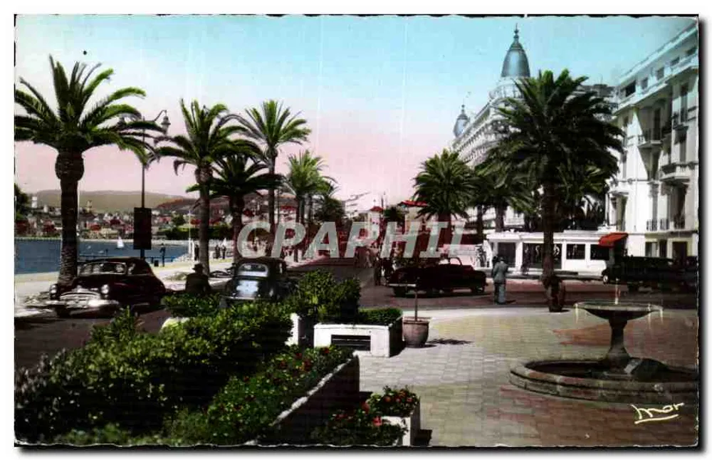Cannes - A Croisette — vista da promenade com palmeiras e fonte — Les Éditions Marraud, série 5669 - Frente