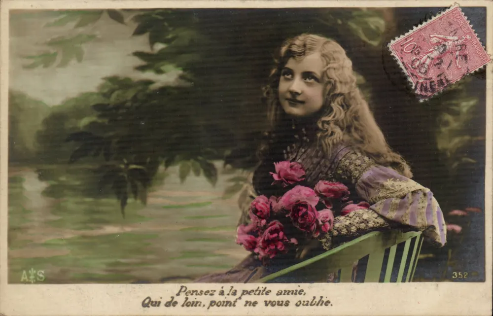 Junge Frau mit Rosen — poetischer Text — Verlag A&S n°352 - Vorderseite