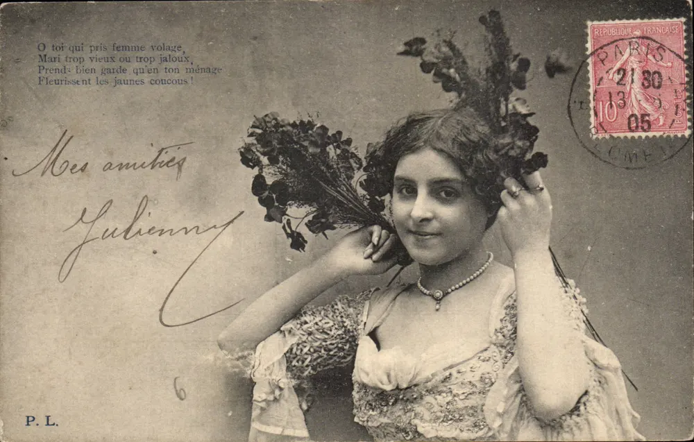 Frau mit Blumenstrauß — P.L. — Paris, 1905 - Vorderseite